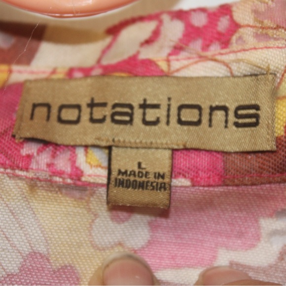 Notations Large Pink & Yellow Sheer Button down Floral 3/4 length sleeves Blouse - Picture 8 of 12